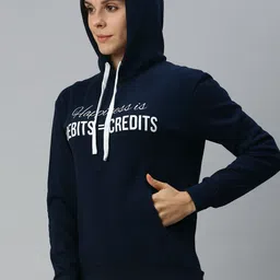 Campus Sutra Women Navy Blue Printed Hooded Pullover Sweatshirt image 3