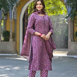 AHIKA Floral Printed V-Neck Gotta Patti Straight Kurta With Trousers & Dupatta image 2