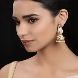 Rubans Gold-Toned & White Hand Painted Kundan Contemporary Jhumkas-picture-21