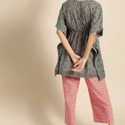 Varanga Women Blue & Pink Pure Cotton Printed Tunic with Palazzos image 2