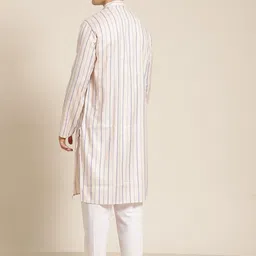 SOJANYA Men Peach-Coloured Pure Cotton Striped Kurta with Churidar image 4