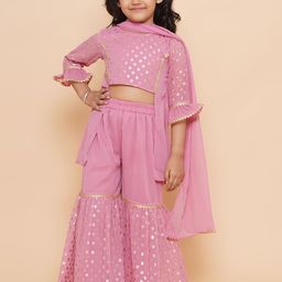 Aj DEZInES Girls Ethnic Motifs Foil Printed Panelled Top & Sharara With Dupatta-picture-30