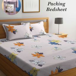 Arrabi Bookfold Beige & Blue Floral 300 TC King Bedsheet With 2 Pillow Covers-picture-29