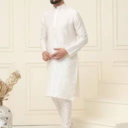 SOJANYA Men Off-White & Maroon Solid Kurta with Churidar & Nehru Jacket image 3