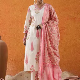 Indo Era Women Floral Printed Regular Pure Cotton Kurta with Trousers & With Dupatta image 3