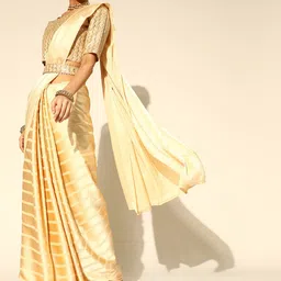 Saree mall Cream-Coloured Striped Satin Party Wear Saree with Matching Blouse image 1