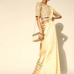 Saree mall Cream-Coloured Striped Satin Party Wear Saree with Matching Blouse image 3