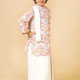 A.T.U.N. Boys Printed Band Collar Regular Straight Kurta With Mundu & Dupatta image 2