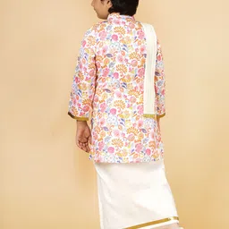 A.T.U.N. Boys Printed Band Collar Regular Straight Kurta With Mundu & Dupatta image 4