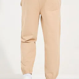 Styli Men Beige Relaxed Fit Pure Cotton Terry Jogger With Side Cord And Embroidery Detail image 3
