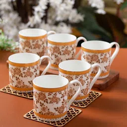 CLAY CRAFT White & Yellow 6 Pieces Printed Ceramic Glossy Cups 210 ml Each-picture-40