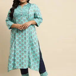 RANGMAYEE Women Turquoise Blue Floral Printed Regular Liva Kurta with Palazzos-image-92
