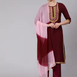 KIMAYRA Floral Yoke Design Regular Thread Work Kurta With Trousers & Dupatta-picture-37