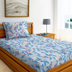 AEROHAVEN Blue & White Printed Cotton 240 TC Single Bedsheet With 1 Pillow Cover-image-77