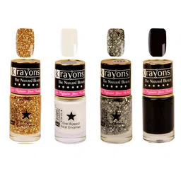 krayons Set of 4 Long-Lasting & Quick Dry Gel Based Nail Enamel 6 ml Each -Black Sea - White Canvas - Shimmer Golden - Shimmer Silver image 1