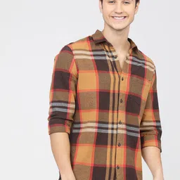 HIGHLANDER Men Mustard Yellow & Brown Slim Fit Opaque Checked Cotton Casual Shirt-picture-26