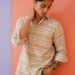 Indian Needle Men Classic Spread Collar Horizontal Striped Cotton Casual Shirt-picture-18