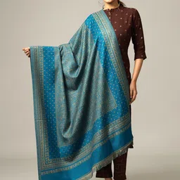 HANDICRAFT PALACE Women Turquoise Blue & Beige Woven Design Designer Shawl-picture-22