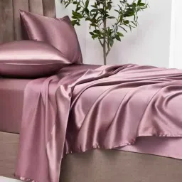 coolbeds Rose Gold Solid 400 TC Satin Single Fitted Bedsheet with 2 Satin Pillow covers image 1