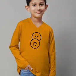 Friskers Boys Mustard Yellow Typography Printed V-Neck Applique T-shirt-picture-37
