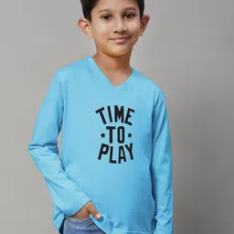 Friskers Boys Turquoise Blue Typography Printed V-Neck Applique T-shirt-picture-14