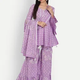 FrionKandy Floral Printed V-Neck Bell Sleeves Pure Cotton Kurti with Sharara & Dupatta-picture-40