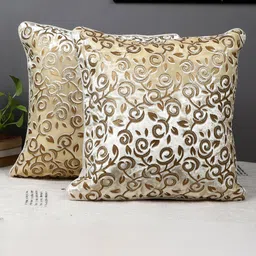 MFD HOME FURNISHING 2 Pcs Beige & Brown Embroidered Velvet Square Cushion Covers-image-29