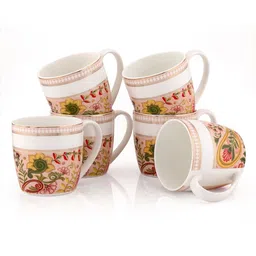 CLAY CRAFT White & Pink 6 Pieces Floral Printed Ceramic Glossy Coffee Mugs 210 ml Each image 2