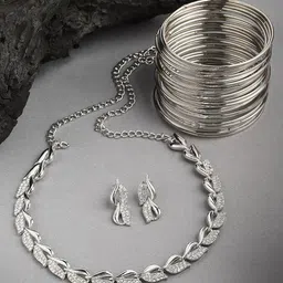 ZENEME Silver-Plated & White American Diamond Studded Jewellery Set image 1