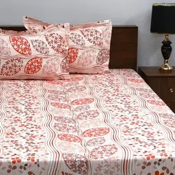 BOMBAY DYEING Allure Red & White Printed 144 TC Pure Cotton Queen Fitted Bedsheet Set image 3
