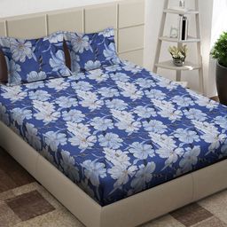 Arrabi Blue & White Floral 300 TC King Bedsheet with 2 Pillow Covers-picture-44