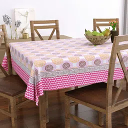 BLOCKS OF INDIA Pink & White Printed Cotton 6 Seater Table Cloth image 4