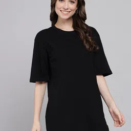 funday fashion Pack of 2 Women Solid Round Neck Cotton Blend Black, Blue T-Shirt image 4
