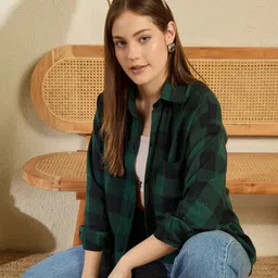 Women Oversized Fit Checkered Spread Collar Casual Shirt-image-51