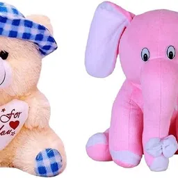 mhk PINK ELEPHANT & BUTTER BLUE CAP Soft Stuffed Toy - 18 cm image 1