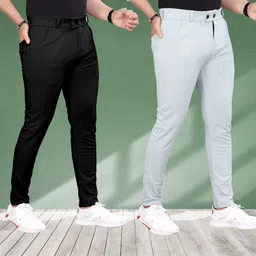 vontade Pack of 2 Men Regular Fit Black, Grey Lycra Blend Trousers-picture-11