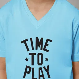 Friskers Boys Turquoise Blue Typography Printed V-Neck Applique T-shirt image 3