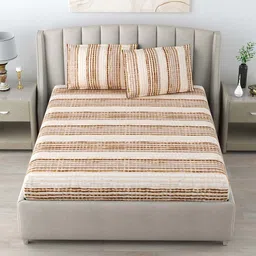 DREAM WEAVERZ Beige & Brown Pure Cotton 220 TC Double Queen Bedsheet With 2 Pillow Covers image 3