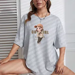 calm down Women Printed Round Neck Cotton Blend Grey T-Shirt image 2