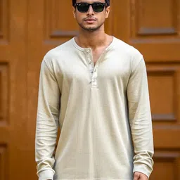 maniac Men Solid Henley Neck Cotton Blend Beige T-Shirt image 2