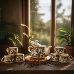 edencart Pack of 7 Ceramic Tea Kettle with 6 Matching Tea Cups |Traditional Floral Design Ideal for Gifting image 5