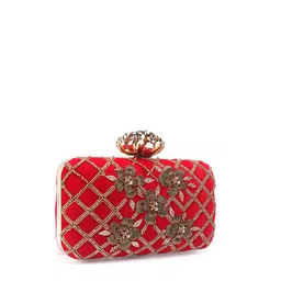 Swisni Women Red & Gold-Toned Embroidered Box Clutch image 2