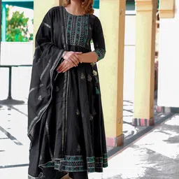 Divena Women Black Printed Panelled Gotta Patti Pure Cotton Kurti with Trousers & With Dupatta image 2