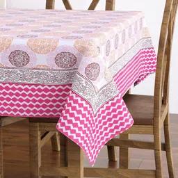 BLOCKS OF INDIA Pink & White Printed Cotton 6 Seater Table Cloth image 5