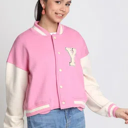 Lil Tomatoes Girls Typography Printed Fleece Varsity Jacket image 2