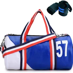 groupers 57 PU Leather Gym Duffle bag for men & women ll Wrist Band - Blue White Fitness Accessory Kit Kit-picture-19