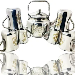 clasy Pack of 7 Stainless Steel Stainless Steel Laser Printed Tea Kettle With 6 pcs Of Tea/Coffee Cup-picture-25
