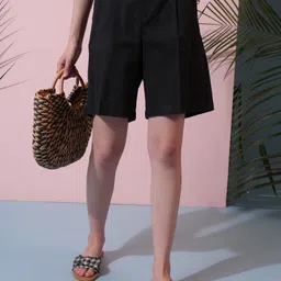Solid Women Black Casual Shorts-image-2
