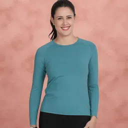 shyaway Women Solid Round Neck Nylon Blue T-Shirt-picture-25