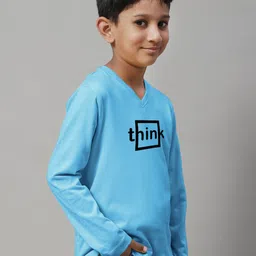 Friskers Boys Turquoise Blue Typography Printed V-Neck Applique T-shirt image 2